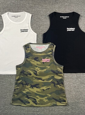 broken planet vest欧美高街潮牌字母印花华夫格迷彩无袖背心汗衫
