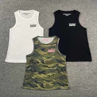 背心汗衫 vest欧美高街潮牌字母印花华夫格迷彩无袖 planet broken