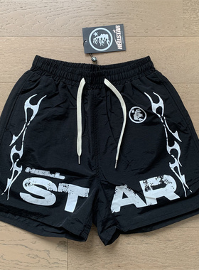 INS欧美高街潮牌HELL地狱之心夏季嘻哈印花运动沙滩速干四分短裤