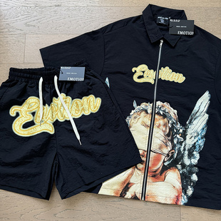 MIXED EMOTION美潮街头天使字母印花夏季梭织短袖拉链衬衫短裤INS