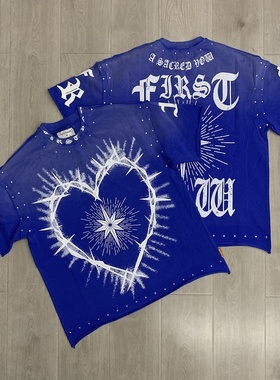 实拍FIRST ROW美式高街嘻哈复古潮牌字母印花烫钻宽松洗水短袖T恤