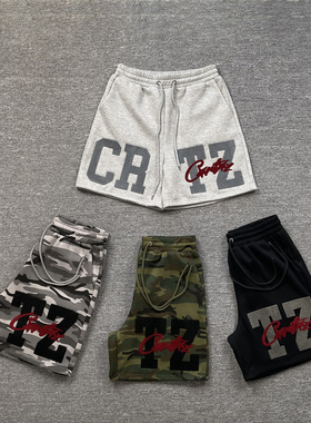 corteiz camouflage shorts美潮高街字母刺绣加绒抽绳迷彩短裤fog