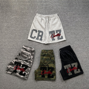 corteiz camouflage shorts美潮高街字母刺绣加绒抽绳迷彩短裤fog