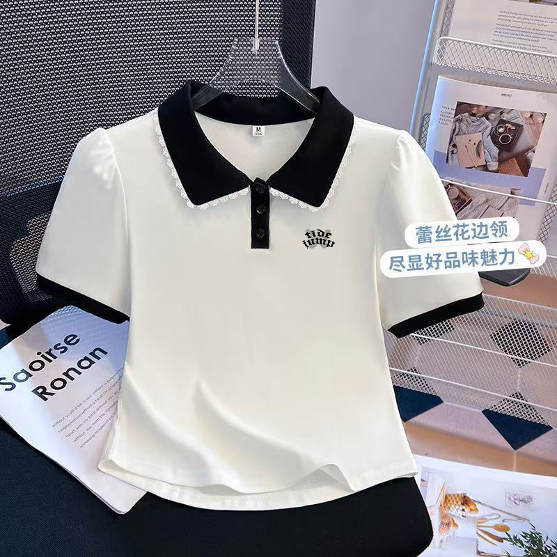 韩版修身中大童短袖t恤女童夏季新款纯棉娃娃领polo衫蕾丝边学生