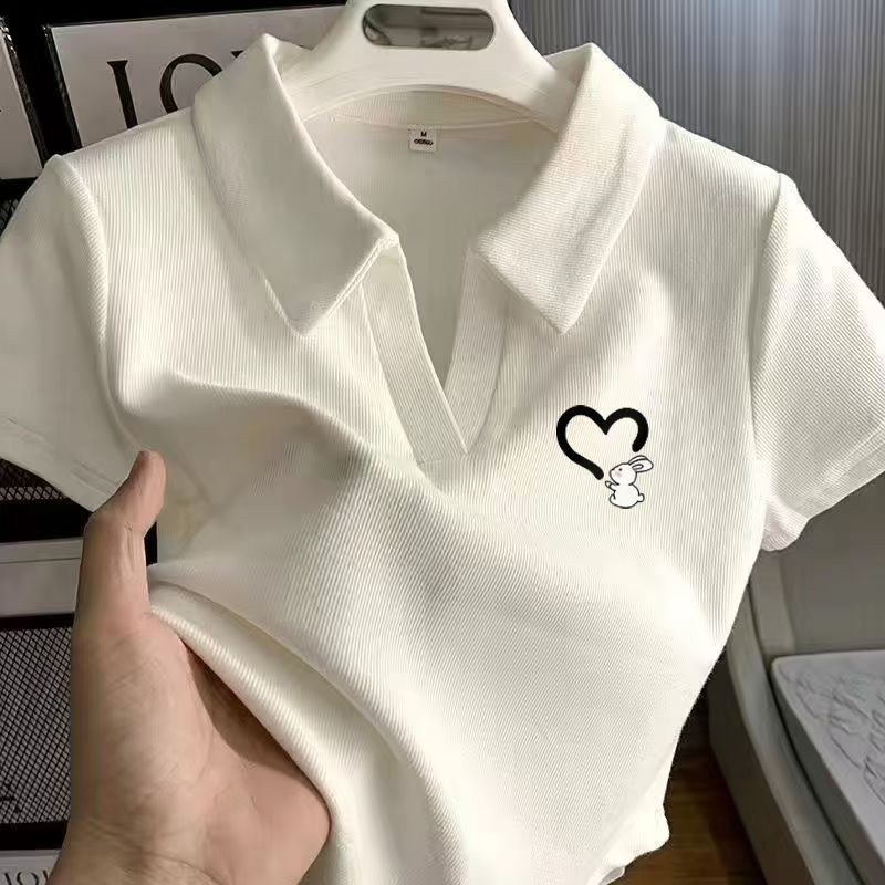 上衣韩版显瘦修身翻领中大童夏季新款白色纯棉短袖T恤印花女童