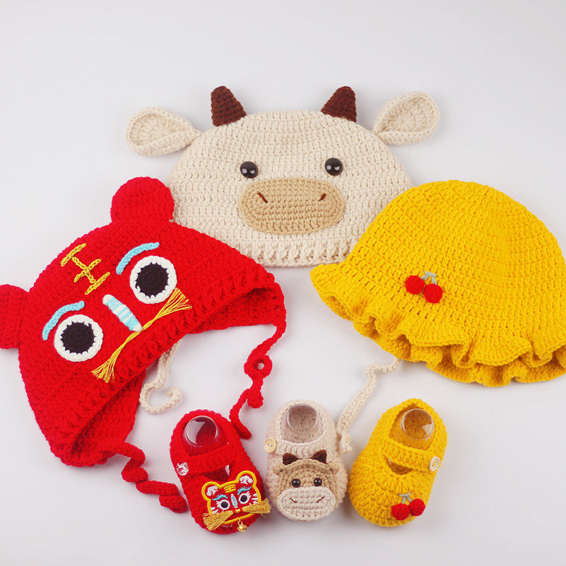 钩针小牛宝宝鞋帽子diy材料包手工编织毛线秋冬婴儿卡通复古套装