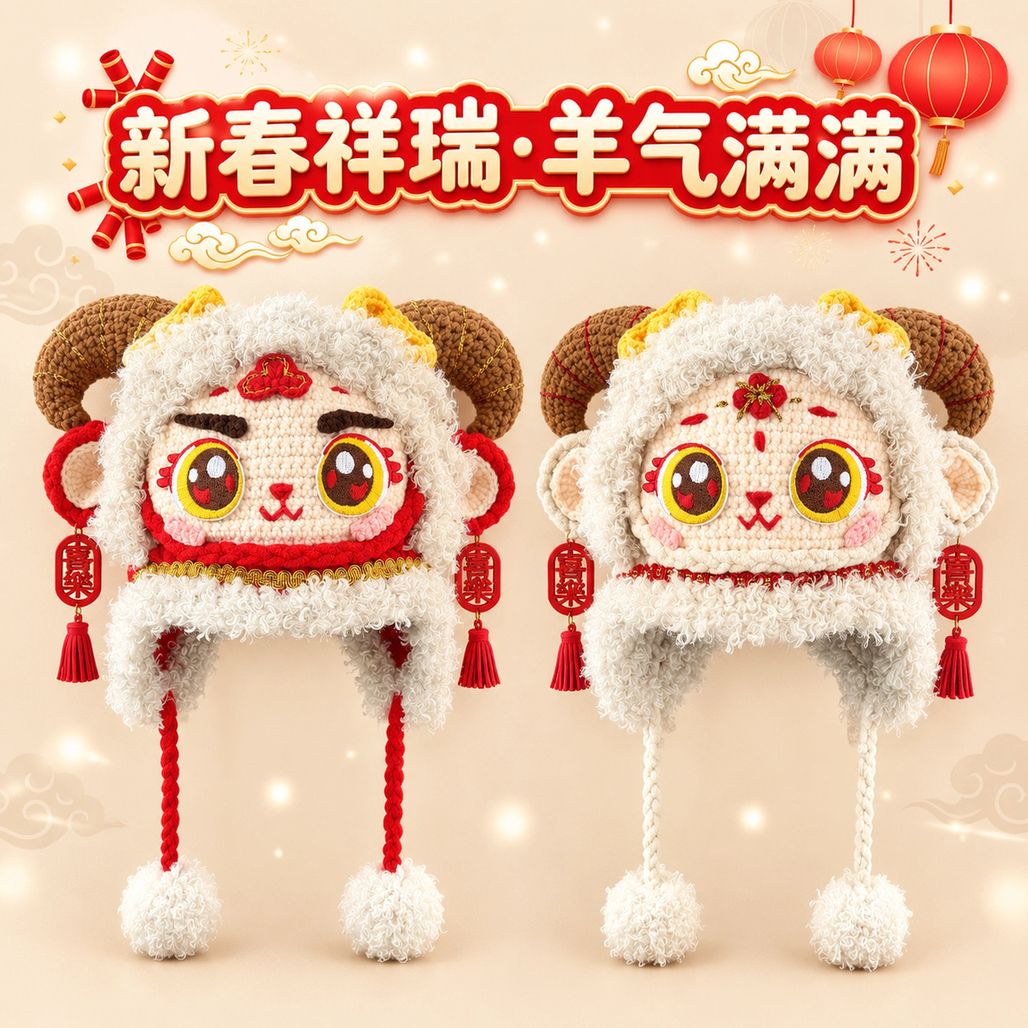 原创手工DIY瑞羊护耳帽材料包钩针毛线编织羊年保暖可爱亲子帽子