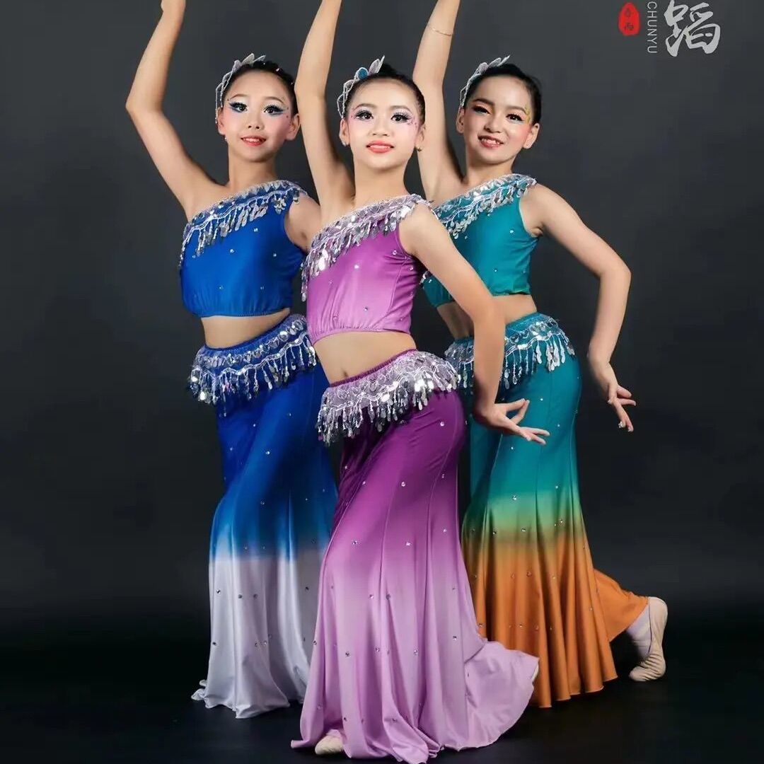 傣族舞蹈演出服儿童傣笠女童孔雀舞表演服彩云之南艺考包臀鱼尾裙