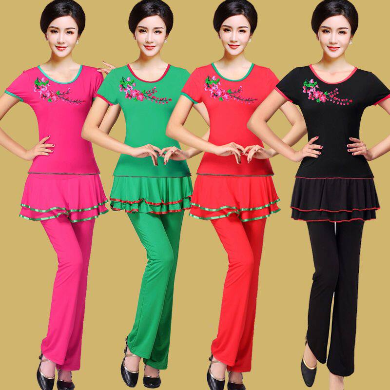 广场舞服装套装新款短袖短裙裙裤中老年跳舞衣服演出服绣花舞蹈服