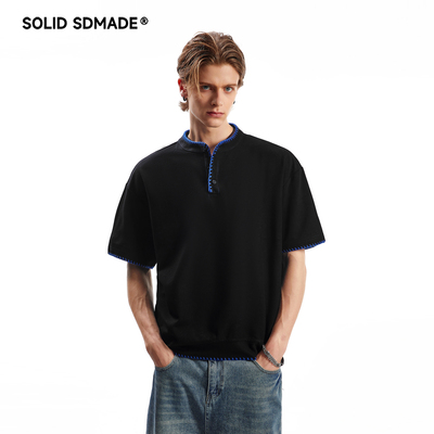 SOLID SDMADE 美式亨利领手缝线短袖T恤男女夏季宽松设计感上衣潮