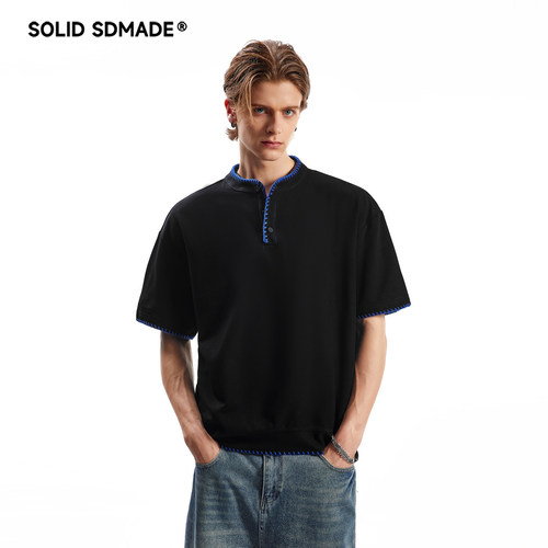 SOLID SDMADE 美式亨利领手缝线短袖T恤男女夏季宽松设计感上衣潮