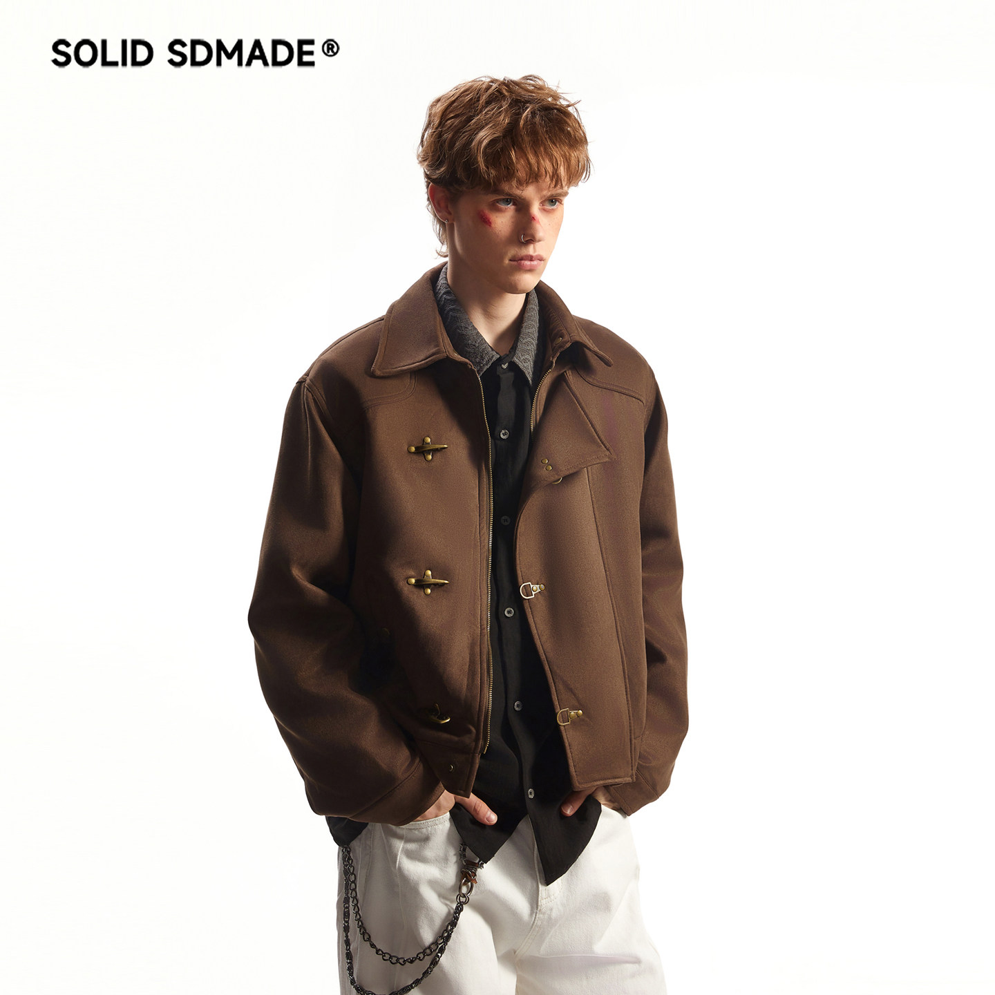 SOLID SDMADE 美式复古飞机扣麂皮夹克男秋季复古设计感短款外套