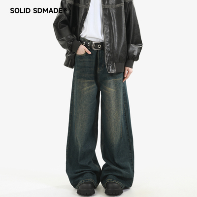 SOLID SDMADE 美式水洗牛仔裤男女春秋季宽松直筒裤子潮牌阔腿裤