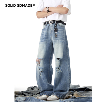 美式复古破洞弯刀竹节纹牛仔裤男