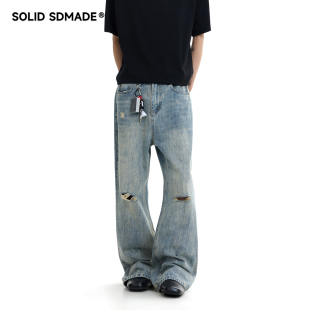 SOLID SDMADE 美式复古破洞牛仔裤男女款春夏季宽松直筒拖地长裤