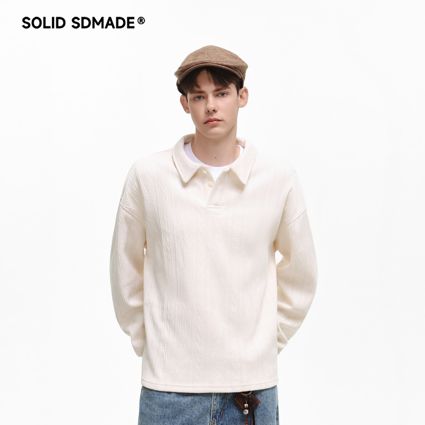 SOLID SDMADE 美式复古肌理感针织polo衫男秋季新款宽松翻领长袖
