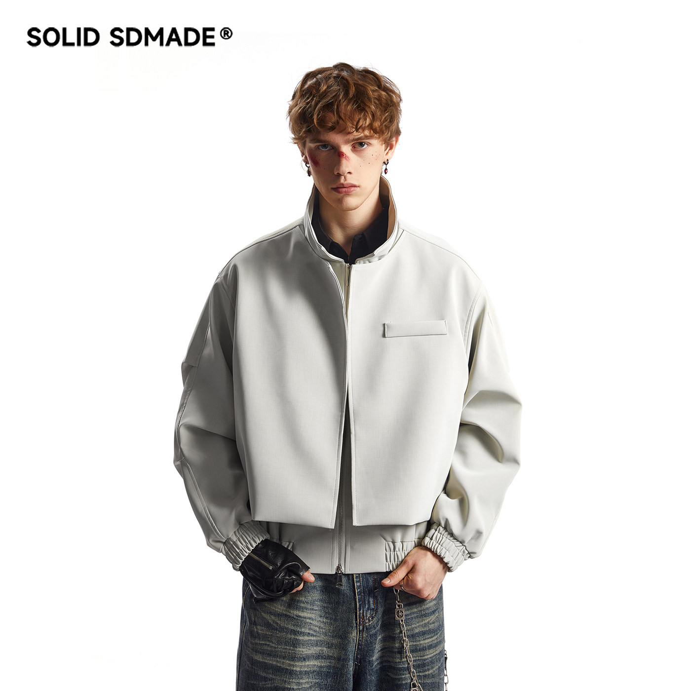 SOLID SDMADE 美式休闲拼接结构皮衣夹克男春秋款假两件翻领外套
