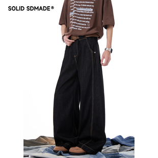 SOLID SDMADE 美式复古水洗黑色牛仔裤男女款潮牌宽松阔腿长裤子