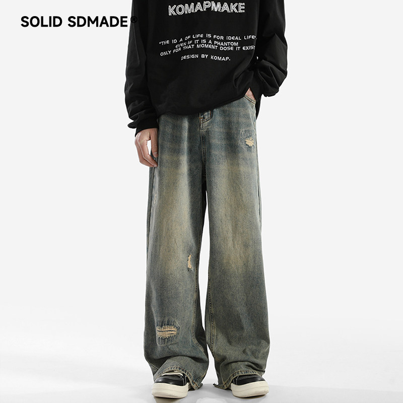 SOLIDSDMADE 美式高街贴布破洞牛仔裤男夏季潮牌宽松直筒拖地裤子