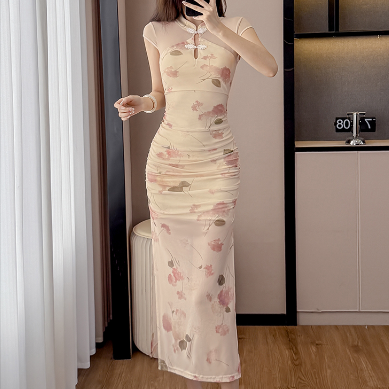 酒店KTV工作服新中式旗袍采耳按摩包臀长裙技师服短袖花色连衣裙