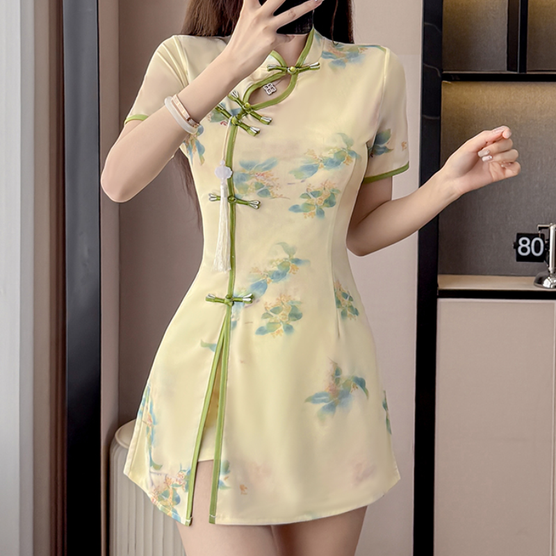 新中式采耳SPA工作服网纱旗袍按摩足浴两件套工装短袖连衣裙+短裤,女装/女士精品,时尚套装,淘宝优惠券,粉丝福利购,淘宝优惠卷