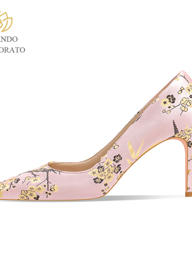2025年新款粉色鎏金花瓣女士单鞋细跟通勤百搭上班高跟鞋配旗袍