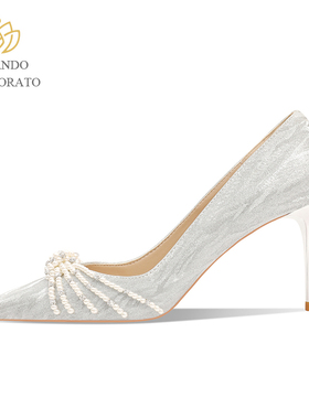 2025年新款桑蚕真丝女士高跟鞋细跟灰色高级感小珍珠通勤宴会女鞋