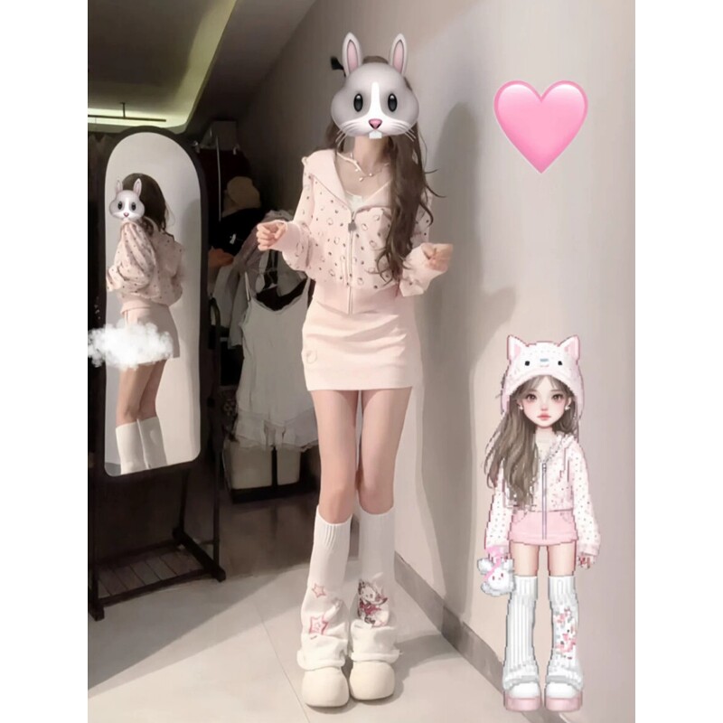 辣妹少女感甜美穿搭早秋粉色套装裙连帽卫衣包臀短裙两件套巨好看