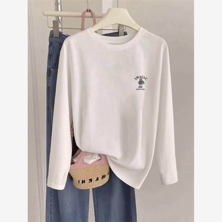 正肩圆领长袖女t恤2025新款时尚百搭白色内搭打底衫上衣春秋冬季