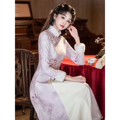 粉色奥黛旗袍冬装加绒加厚冬季长袖改良新中式国风女装小个子冬天