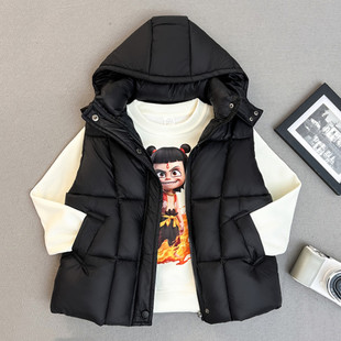 男童加厚马甲秋冬新款儿童羽绒棉马夹女童连帽中大童宝宝洋气外套