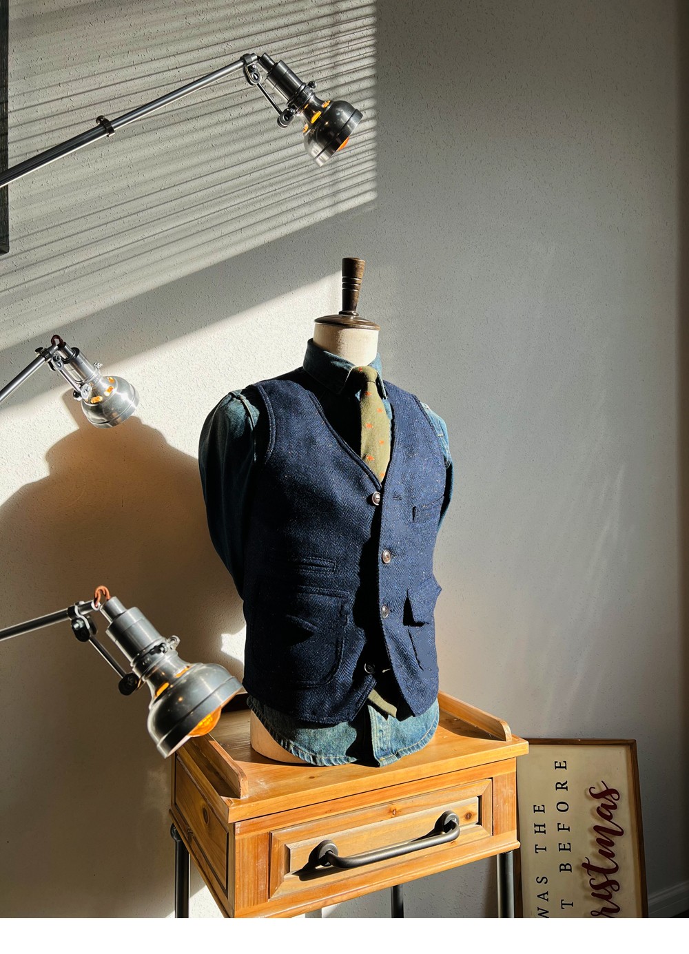 复古大码马甲藏蓝色秋冬款男士V领坎肩外套羊毛人字纹西装马甲