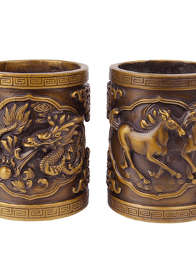 朴器浮雕铜百福笔筒摆件