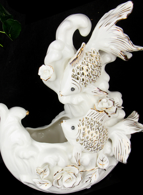 朴器 白色双鱼陶瓷缸摆件 年年有余缸摆件