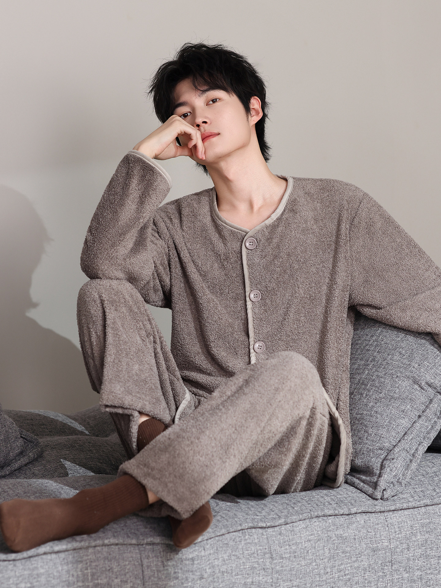 珊瑚绒男士睡衣秋冬季加厚加绒保暖半边绒冬天男款开衫家居服套装