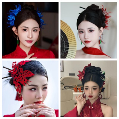 中式头饰非遗红色喜鹊花朵发饰