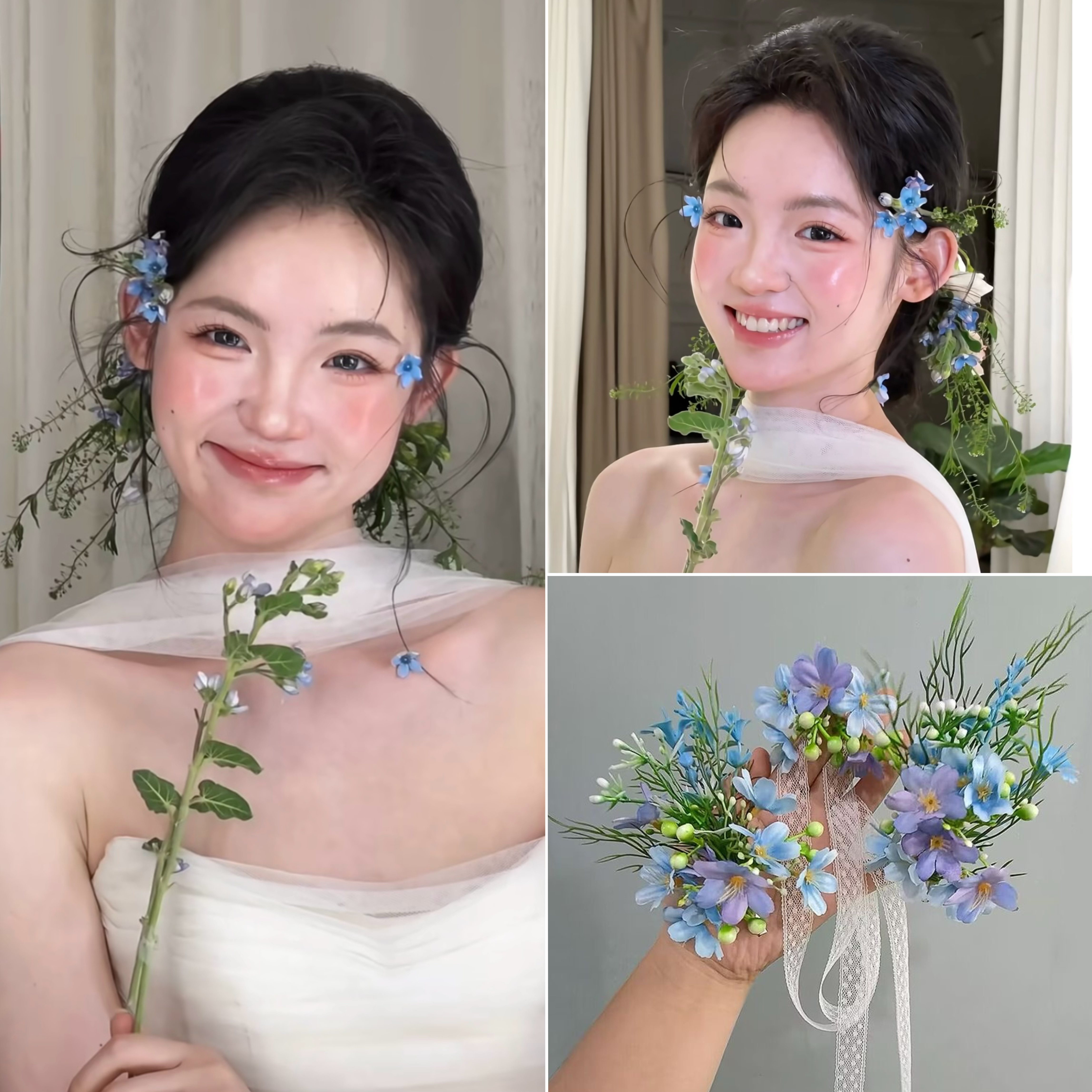 新中式蓝色仿真花新娘中式头饰晨袍礼服发饰秀禾服婚礼汉服配饰品