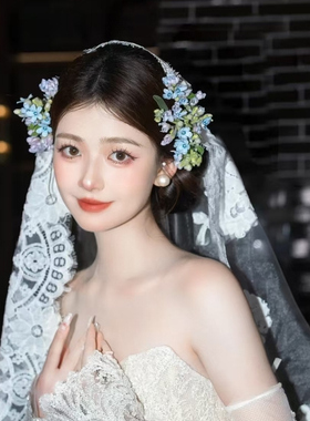 森系甜美新娘头饰蓝色花朵小众设计感婚纱礼服超仙减龄造型发饰