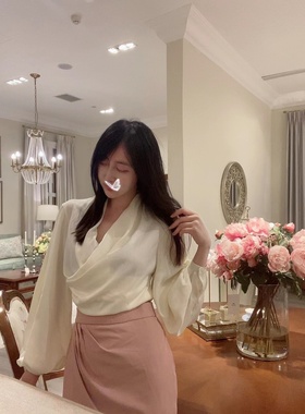 Sin boutique 白色v领交叉衬衫春夏气质灯笼袖长袖赛真丝修身衬衣