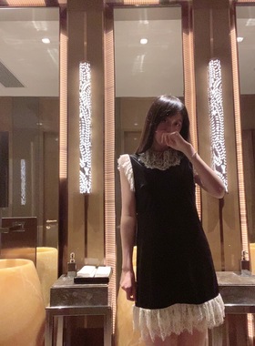 Sin boutique 黑色丝绒白蕾丝边百搭气质温柔连衣裙法式名媛甜美