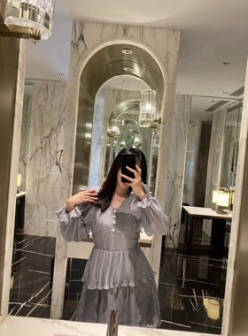 Sin boutique精致lady高级感蓝灰色夏秋连衣裙新款长袖雪纺仙女裙