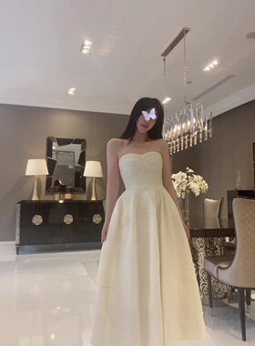 Sin boutique【凡尔赛舞会】杏色露肩露背抹胸连衣裙女夏气质新款