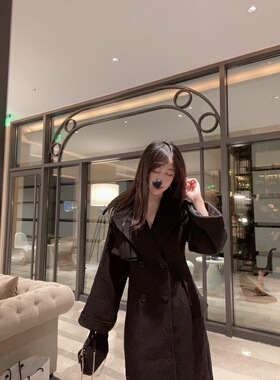 Sin boutique 高定秋冬2023新款毛呢外套女双排扣长款收腰黑大衣