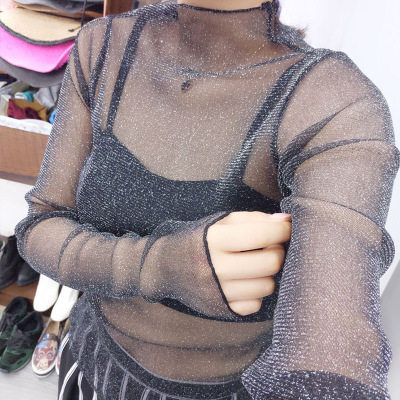金银闪光丝透视网纱衣明星款长袖打底衫黑色性感蕾丝衫女装上衣夏