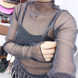 金银闪光丝透视网纱衣明星款长袖打底衫黑色性感蕾丝衫女装上衣夏