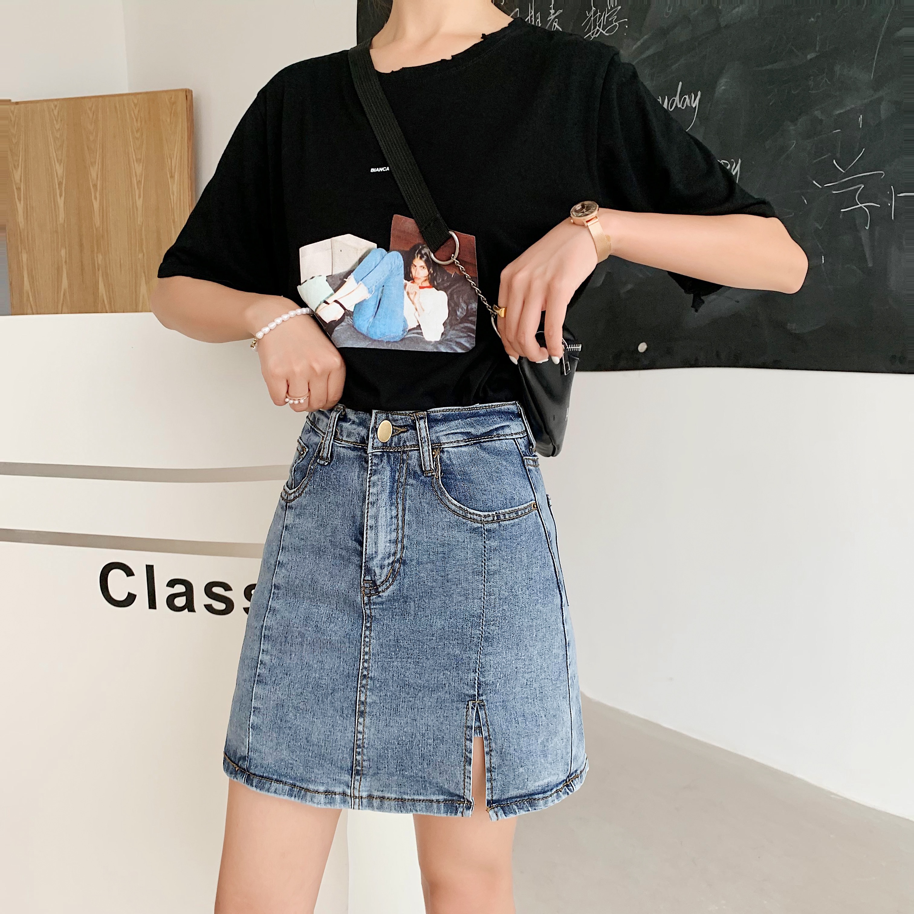 Photo 8353 new summer high waist A-line thin split skirt with buttocks covered denim skirt pants skirt women's skirt