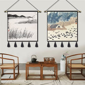 中式 饰画茶楼卧室挂布餐厅工作室挂毯画 齐白石挂画布艺玄关民宿装