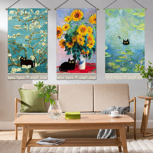 搞怪黑猫闯进名画艺术挂毯房间改造挂布背景布客厅挂画玄关壁画布