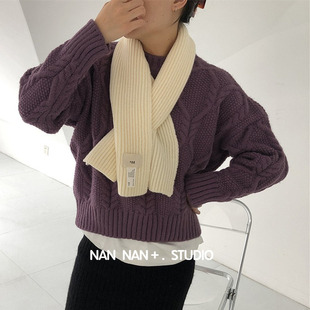 短款 纯色毛线针织围巾女冬百搭气质坑条懒人交叉围脖 韩国egg时尚