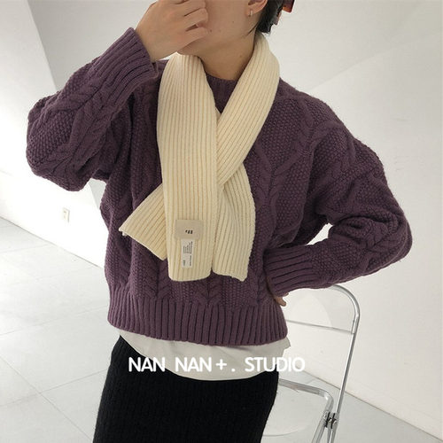 短款韩国egg时尚纯色毛线针织围巾女冬百搭气质坑条懒人交叉围脖